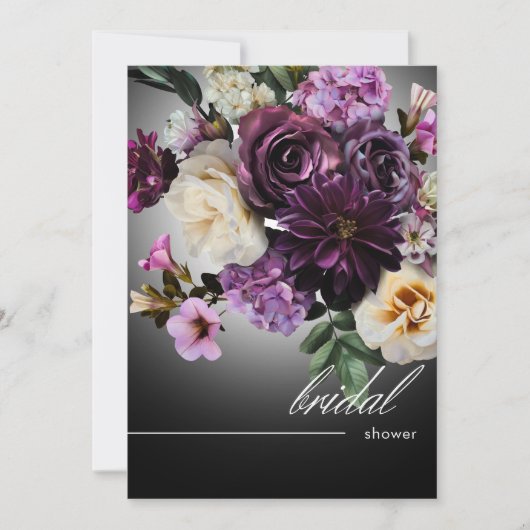 ダークミッドナイトパープルフローラロマンスブライダルシャワー 招待状 (正面)