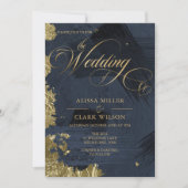 ダークミッドナイトブルー、金ゴールドパインタリー結婚ズ 招待状 (正面)