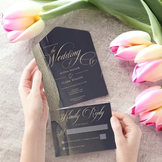 ダークミッドナイトブルー&金ゴールドモダンパインターリー結婚ズ オールインワン招待状