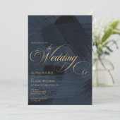 ダークミッドナイトブルー&金ゴールドモダンパインターリー結婚ズ 招待状 (スタンド正面)