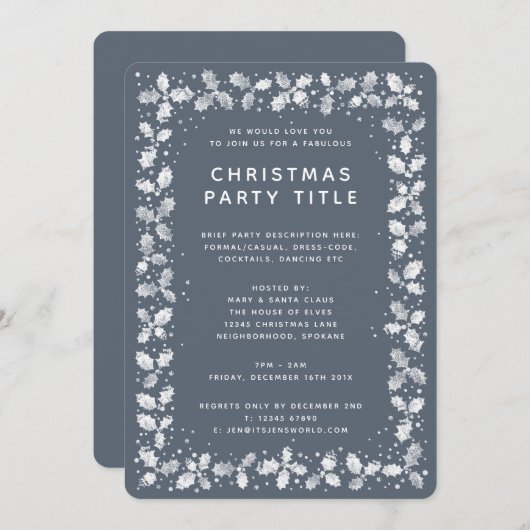 ダークミニマルブルーグレーホリークリスマスパーティー 招待状 (正面/裏面)