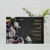 ダークムーディはっきりしたフローラブラック&パープル結婚ズ 箔招待状 (立ち正面)