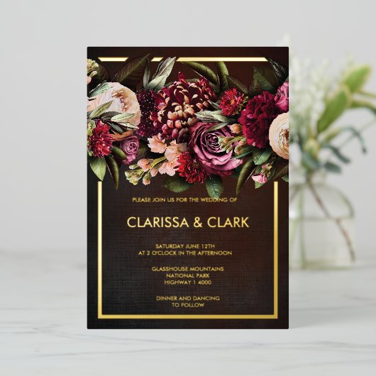 ダークムーディはっきりしたーフローラマ結婚ルサラのフォイル 箔招待状 (立ち正面)