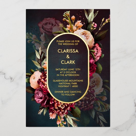 ダークムーディはっきりしたーフローラマ結婚ルサラのフォイル 箔招待状 (正面)