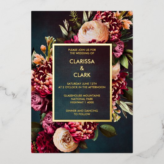 ダークムーディはっきりしたーフローラマ結婚ルサラのフォイル 箔招待状 (正面)