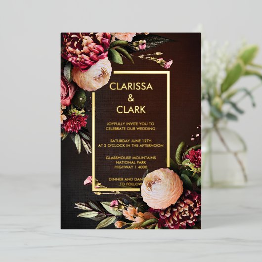 ダークムーディはっきりしたーフローラマ結婚ルサラ 箔招待状 (立ち正面)