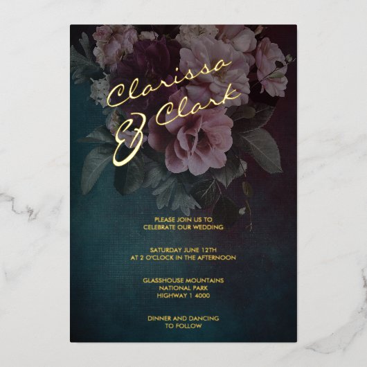 ダークムーディはっきりしたーフローラ結婚金ゴールドのフォイル起動 箔招待状 (正面)