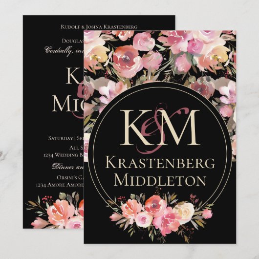 ダークムーディウェディングモノグラム ブッシュ ウィンター ローズ 招待状 (正面/裏面)