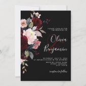 ダークムーディエレガントーフローラブラックブルゴーニュ結婚ーズ 招待状 (正面)