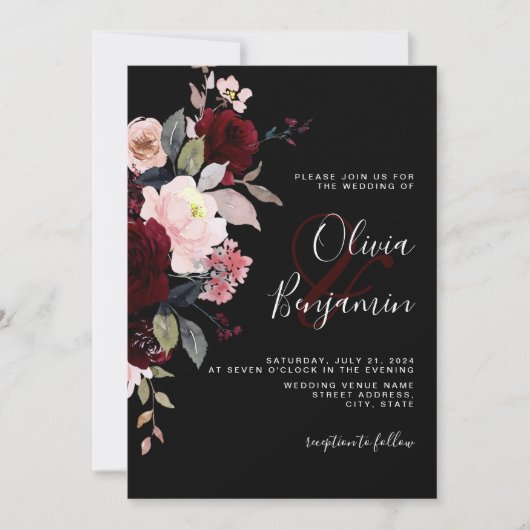 ダークムーディエレガントーフローラブラックブルゴーニュ結婚ーズ 招待状 (正面)