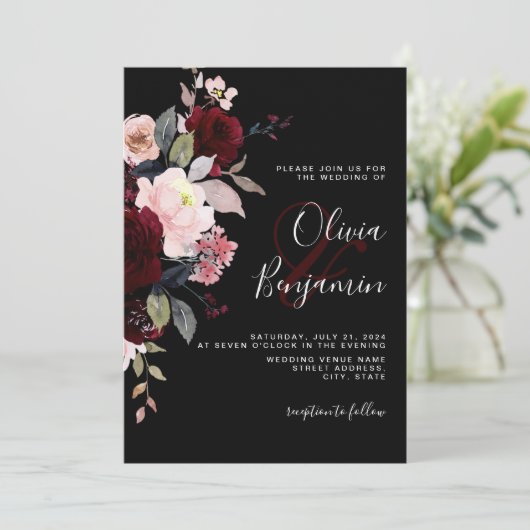 ダークムーディエレガントーフローラブラックブルゴーニュ結婚ーズ 招待状 (スタンド正面)