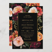 ダークムーディオレンジバーガンディ赤面結婚フローラ 招待状 (正面/裏面)