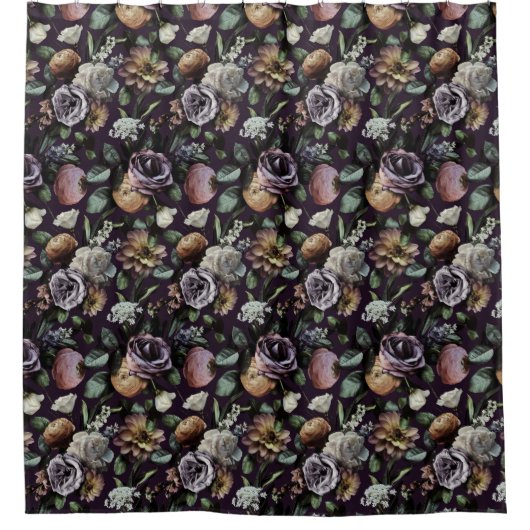 ダークムーディオータムフローラ紫 シャワーカーテン (正面)