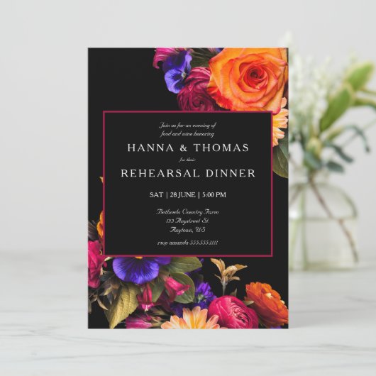 ダークムーディオータムフローラ結婚のリハーサルディナー 招待状 (スタンド正面)
