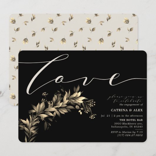 ダークムーディグリーナリーベージュブラック婚約パーティ 招待状 (正面/裏面)