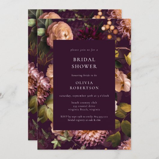 ダークムーディドラマリーパープルフローラブライダルシャワー 招待状 (正面/裏面)