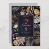 ダークムーディナイトパープルラベンダー結婚フローラ 招待状 (正面/裏面)