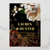 ダークムーディニュートラルマグノリアボタニカル結婚金ゴールド 箔招待状 (正面)