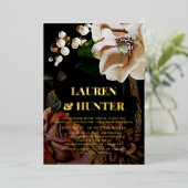 ダークムーディニュートラルマグノリアボタニカル結婚金ゴールド 箔招待状 (立ち正面)