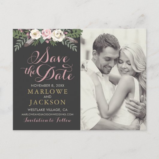 ダークムーディバラピンクフローラボホ結婚ズ 案内ポストカード (正面)