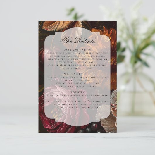 ダークムーディバロック花模様フラワーズ秋の結婚式 エンクロージャーカード (スタンド正面)