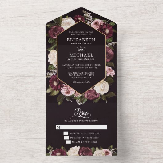ダークムーディバーガンディフローラエレガントな結婚式 オールインワン招待状 (内側)
