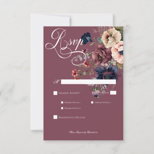 ダークムーディバーガンディーオーバルフローラフレームディナー 出欠カード (正面)