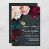 ダークムーディバーガンディーブルー赤面ピンクフローラ 招待状 (正面/裏面)