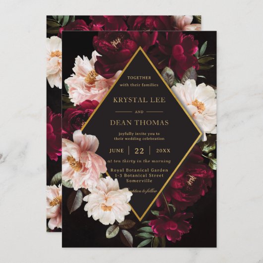 ダークムーディバーガンディ赤面フローラ牡丹結婚ズ 招待状 (正面/裏面)