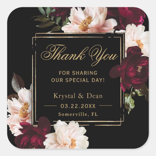 ダークムーディバーガンディ赤面ブラックフローラ スクエアシール (正面)