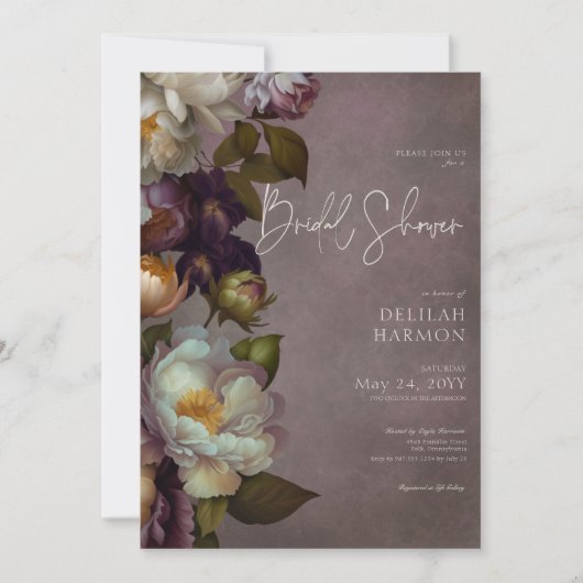 ダークムーディバーガンディ&クリームフローラブライダルシャワー 招待状 (正面)
