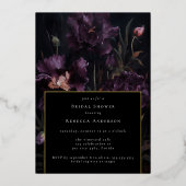 ダークムーディパープルゴシック花模様ブライダルシャワー 箔招待状 (正面)