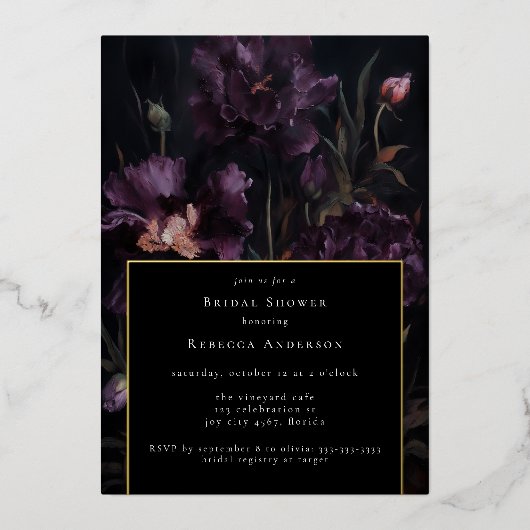 ダークムーディパープルゴシック花模様ブライダルシャワー 箔招待状 (正面)