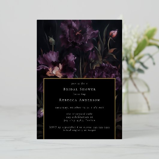ダークムーディパープルゴシック花模様ブライダルシャワー 箔招待状 (立ち正面)