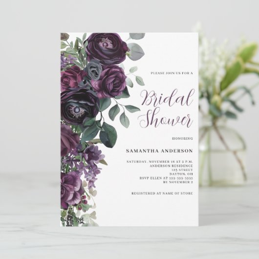 ダークムーディパープルフローラブライダルシャワー 招待状 (スタンド正面)