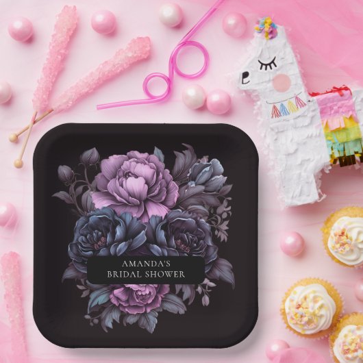 ダークムーディパープル花模様ブライダルシャワー ペーパープレート (パーティー)