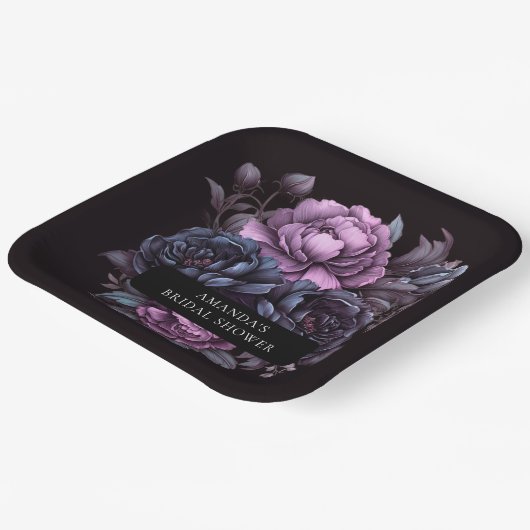 ダークムーディパープル花模様ブライダルシャワー ペーパープレート (傾斜あり)