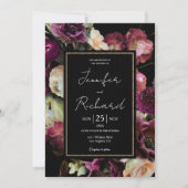 ダークムーディパープル開花フローラブラック結婚ズ 招待状 (正面)