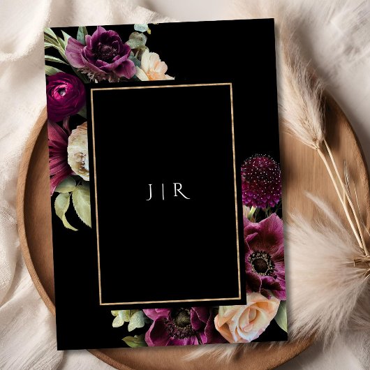 ダークムーディパープル開花フローラブラック結婚ズ 招待状