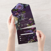 ダークムーディパープル&ホワイトフローラノディナー オールインワン招待状 (貼ってはがせる)