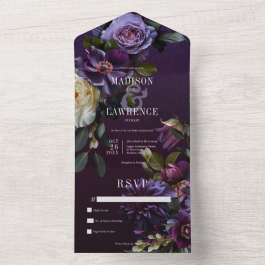 ダークムーディパープル&ホワイトフローラノディナー オールインワン招待状 (内側)