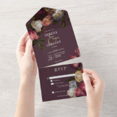 ダークムーディピンクバーガンディ&クリームペニーQRコード オールインワン招待状 (貼ってはがせる)