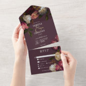 ダークムーディピンクブルゴーニュ&クリームピーニーディナー オールインワン招待状 (貼ってはがせる)