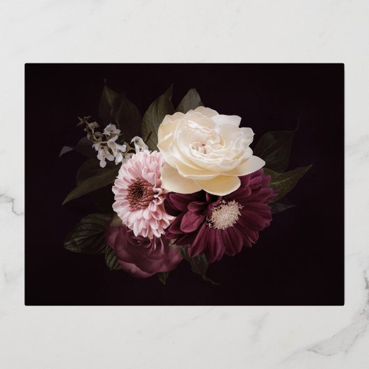 ダークムーディフローラゴールドフォイルウェディングRSVPカード 箔招待状ポストカード (裏面)