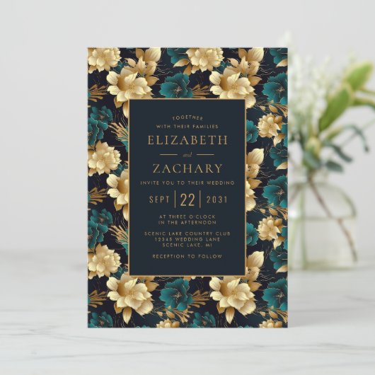 ダークムーディフローラティール（緑がかった色）金ゴールドアイボリーブラック結婚ズ 招待状 (スタンド正面)