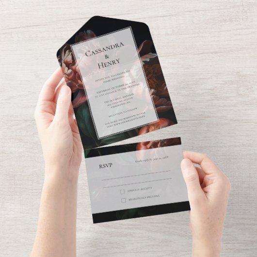 ダークムーディブラックゴシック花模様結婚ズ オールインワン招待状 (貼ってはがせる)