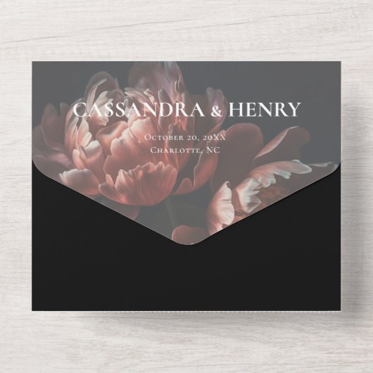 ダークムーディブラックゴシック花模様結婚ズ オールインワン招待状 (裏面)