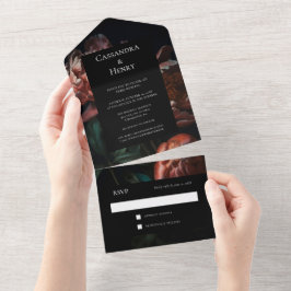 ダークムーディブラックゴシック花模様結婚ズ オールインワン招待状