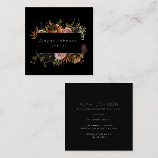 ダークムーディブラック秋素朴フローラスクエアブシン スクエア名刺 (正面/裏面)