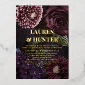 ダークムーディブルゴーニュフローラ結婚植物学金ゴールド 箔招待状 (正面)